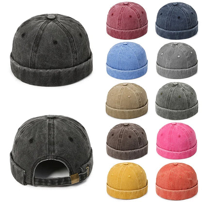 Fashion Denim Docker Cap – Brimless Skullcap Sailor Beanie Hat for Men & Women, Solid Color Adjustable Bucket Dad Cap Streetwear Style