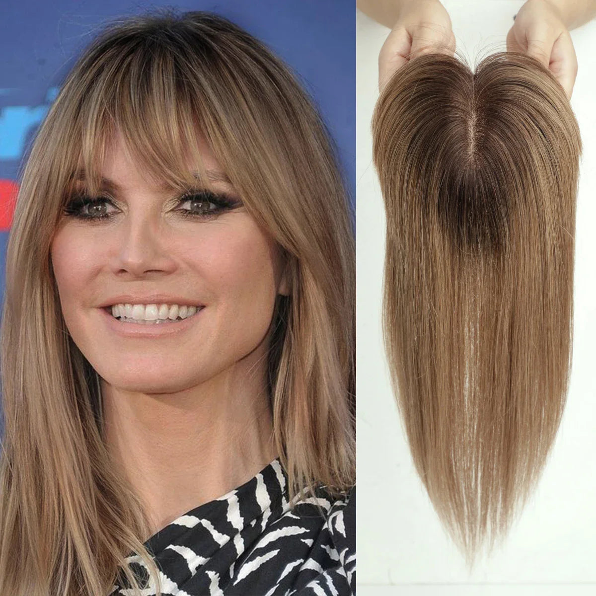 Ombre Brown Blonde Remy Human Hair Topper – 14 Inch Silk Base Clip-In Wig with Bangs for Women