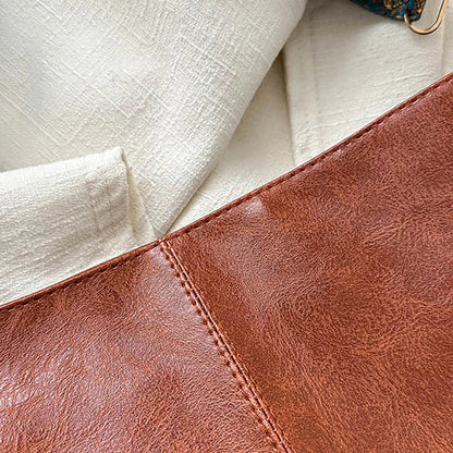 Wide Geometric Strap Shoulder Bag - Large Capacity Crossbody PU Leather Bag for Women, Retro Style for Shopping and Travel