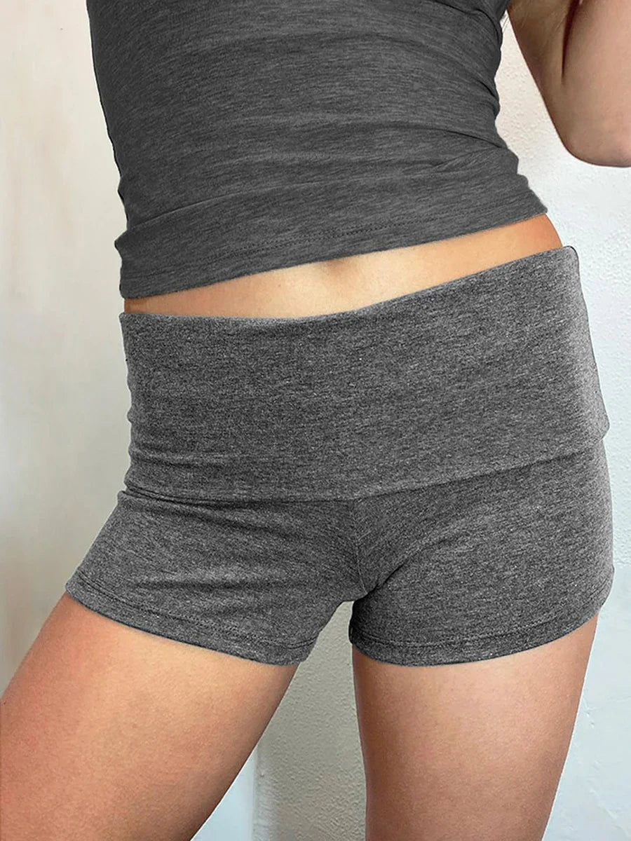Summer Women’s Slim Solid Color Yoga Shorts — Casual Fold-Over Low Waist Lounge Shorts