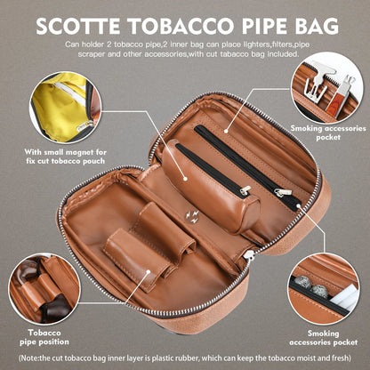 Scotte PU Leather Tobacco Pipe Bag – Portable Case for 2 Pipes with Smoking Accessories