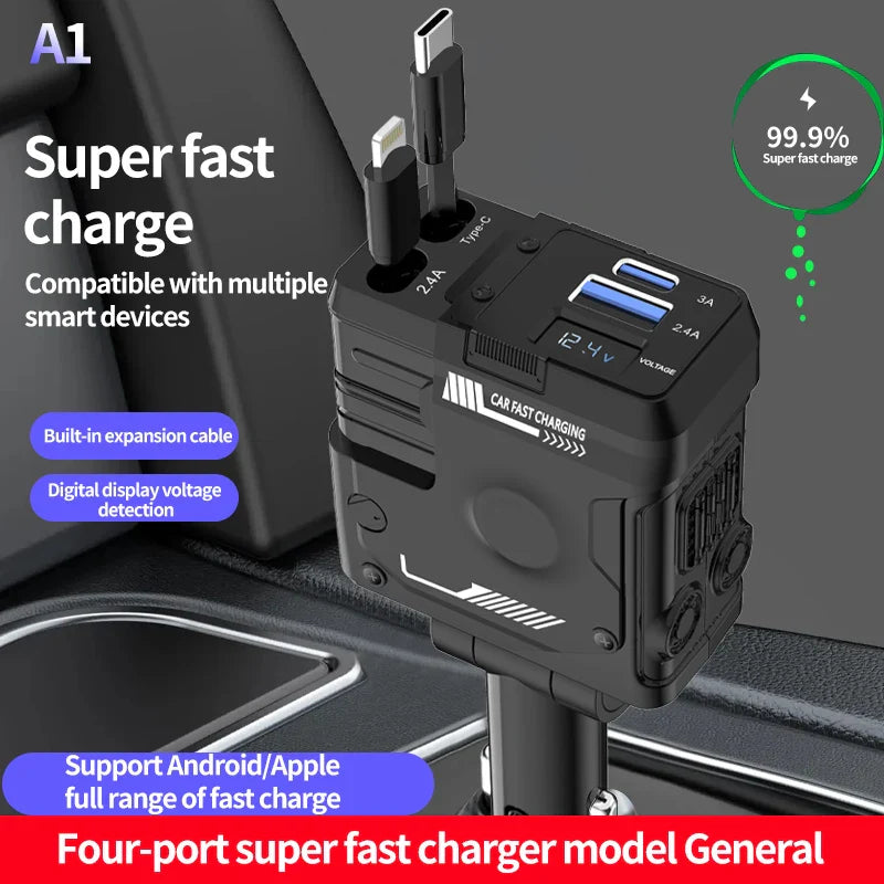 120W Car Charger | 4-in-1 Retractable Cigarette Lighter Adapter with USB Type-C Fast Charging Cable for iPhone & Android