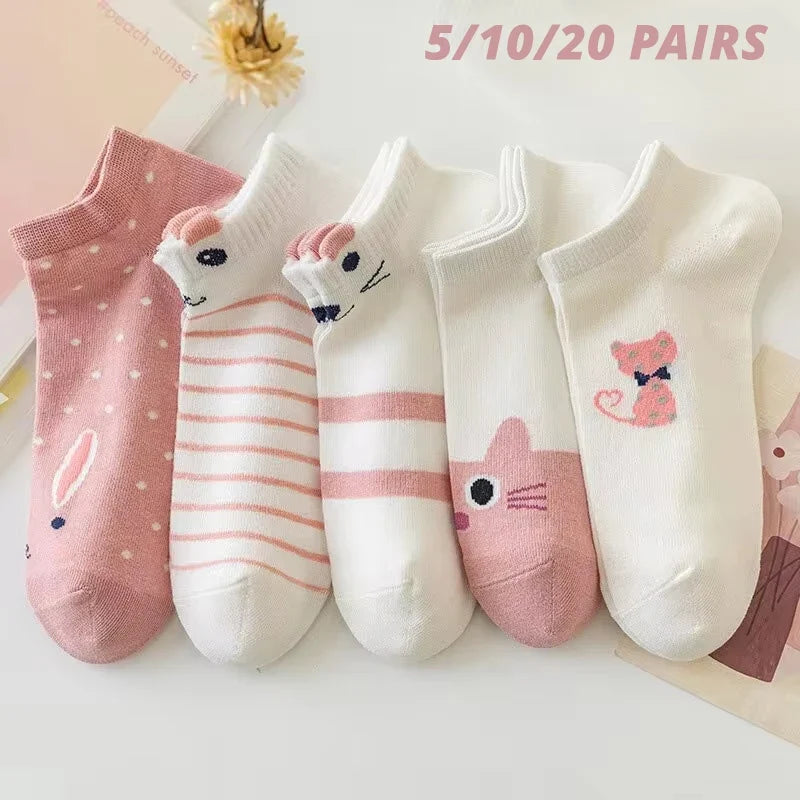 Women's Pink Cat Short Tube Socks - Cute Low Top Casual Socks, 5/10/20 Pairs