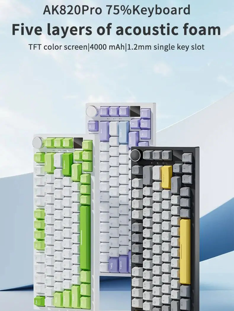AJAZZ AK820/AK820 Pro Mechanical Gaming Keyboard – TFT Screen, Multifunction Knob, Wired/2.4G/Bluetooth Connectivity for PC