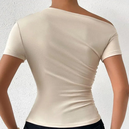 Solid One Shoulder T-Shirt - Elegant Short Sleeve Ruched Top for Women's Spring and Summer Fashion