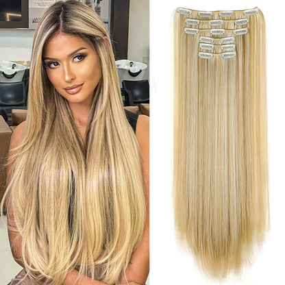 24-Inch 16 Clips-in Hair Extensions – Long Straight Synthetic Blonde & Black Hairpieces, Heat Resistant for Daily Use