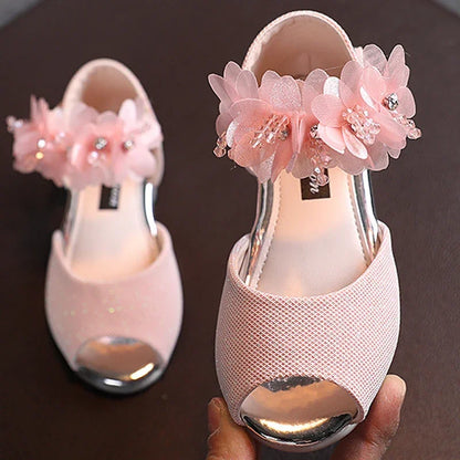 Girls Rhinestone Flower Pumps - Low Heel Princess Wedding & Party Dress Shoes for Kids