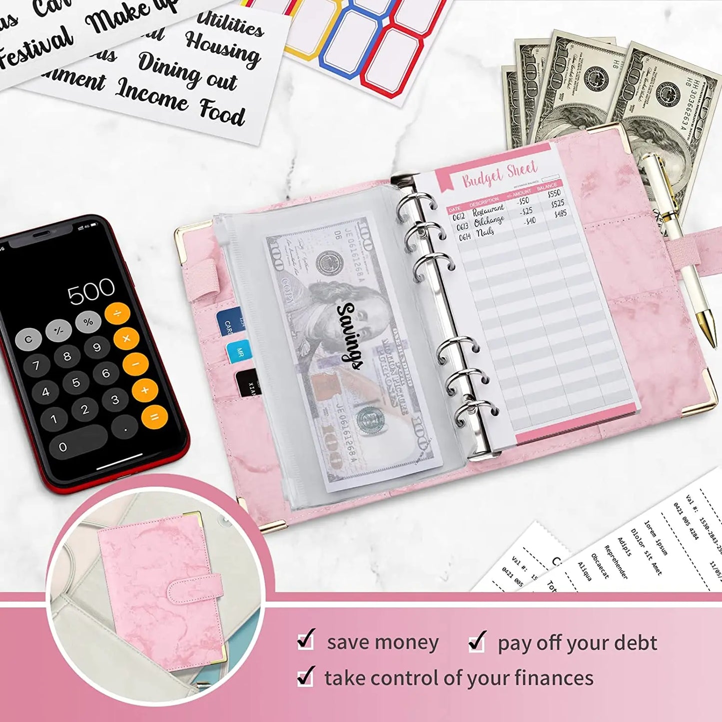 A6 Money Saving Organizer – PU Leather Budget Binder with Marble Notebook, 2023 Budget Planner, Envelope Office & School Supplies