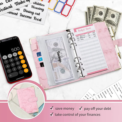 A6 Money Saving Organizer – PU Leather Budget Binder with Marble Notebook, 2023 Budget Planner, Envelope Office & School Supplies