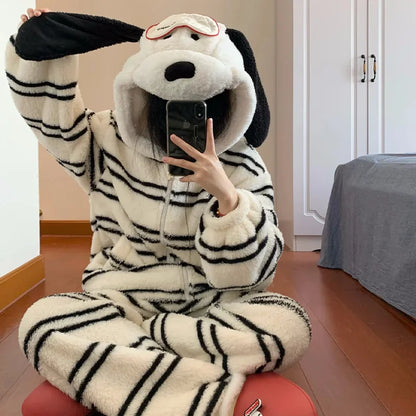 Halloween Snoopy Flannel Pajamas – Hooded Kawaii Anime Cartoon Pajamas for Kids & Adults, Cozy Autumn Homewear