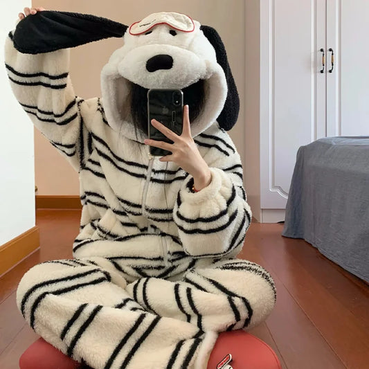 Halloween Snoopy Flannel Pajamas – Hooded Kawaii Anime Cartoon Pajamas for Kids & Adults, Cozy Autumn Homewear