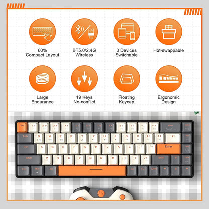 60% Wireless Mechanical Keyboard - Bluetooth Dual Mode, Hot-Swappable Mini 68-Key Red Switch for PC, PS4, Xbox, iPhone, iPad