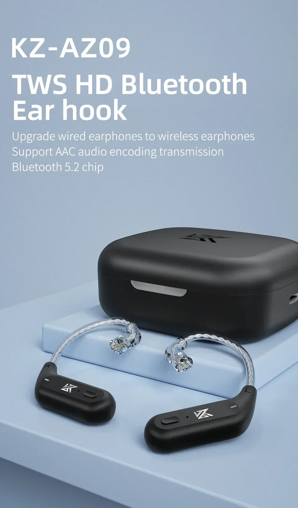 KZ AZ09 HD Bluetooth Earphones – Wireless HIFI Ear Hook Headset with Charging Case, Compatible with KZ EDXPRO ZSNPRO ZS10PRO