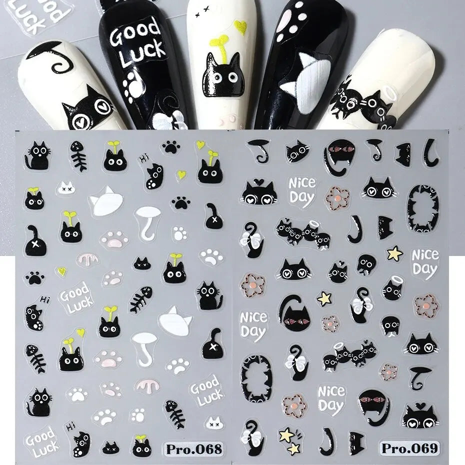 2PCS 3D Black Cat Nail Stickers - Cute Cartoon Self-Adhesive Nail Art Decals for Manicure