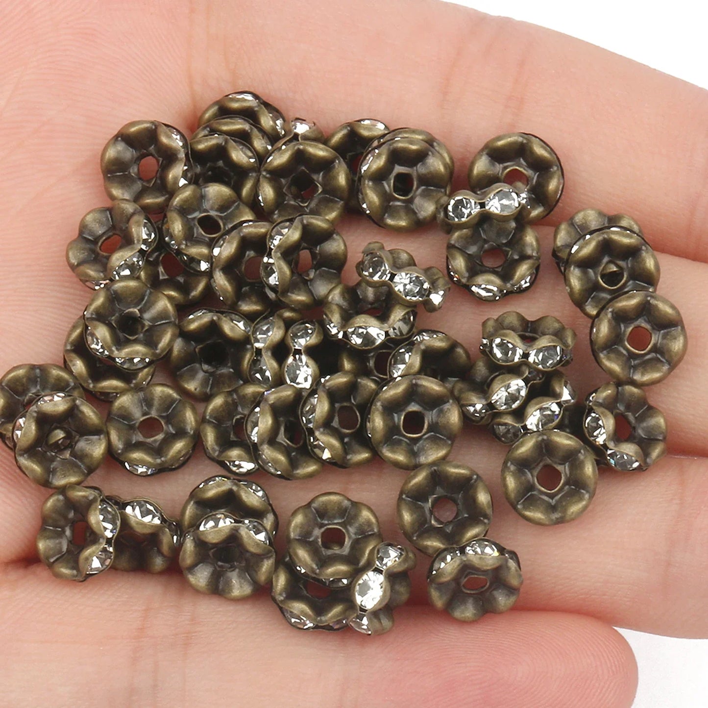 50PCS Rhinestone Spacer Beads Set – Multi-Color Crystal Rondelle Metal Beads for DIY Jewelry & Bracelet Making