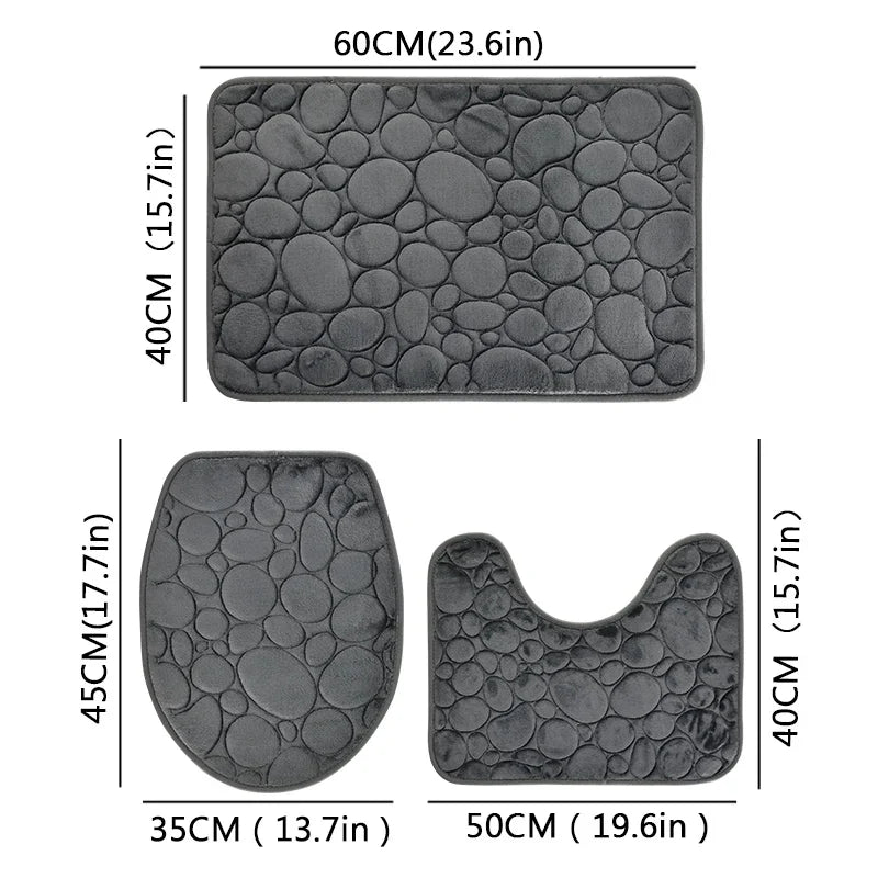 Solid Color Simple Bathroom Mat Set - Water-Absorbing, Non-Slip Stone Pattern, Comfortable & Soft (3PC)