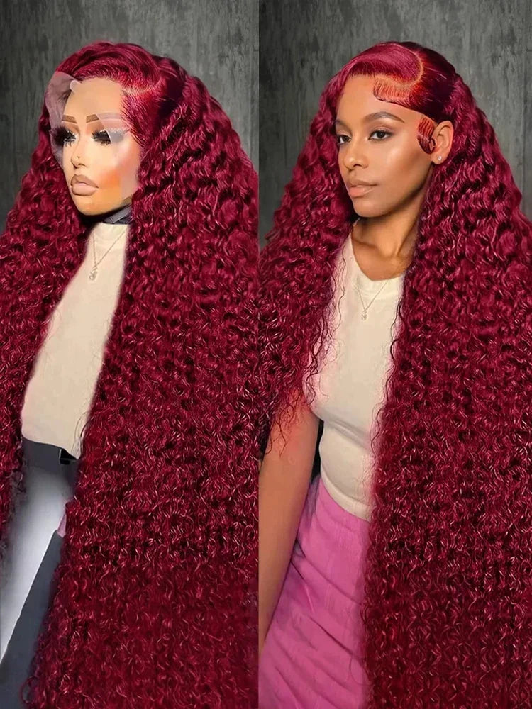 Deep Wave 99J Burgundy Lace Front Wig – 13x6 Lace Frontal Human Hair Wig, 13x4 Transparent Brazilian Colored Water Wave Wig