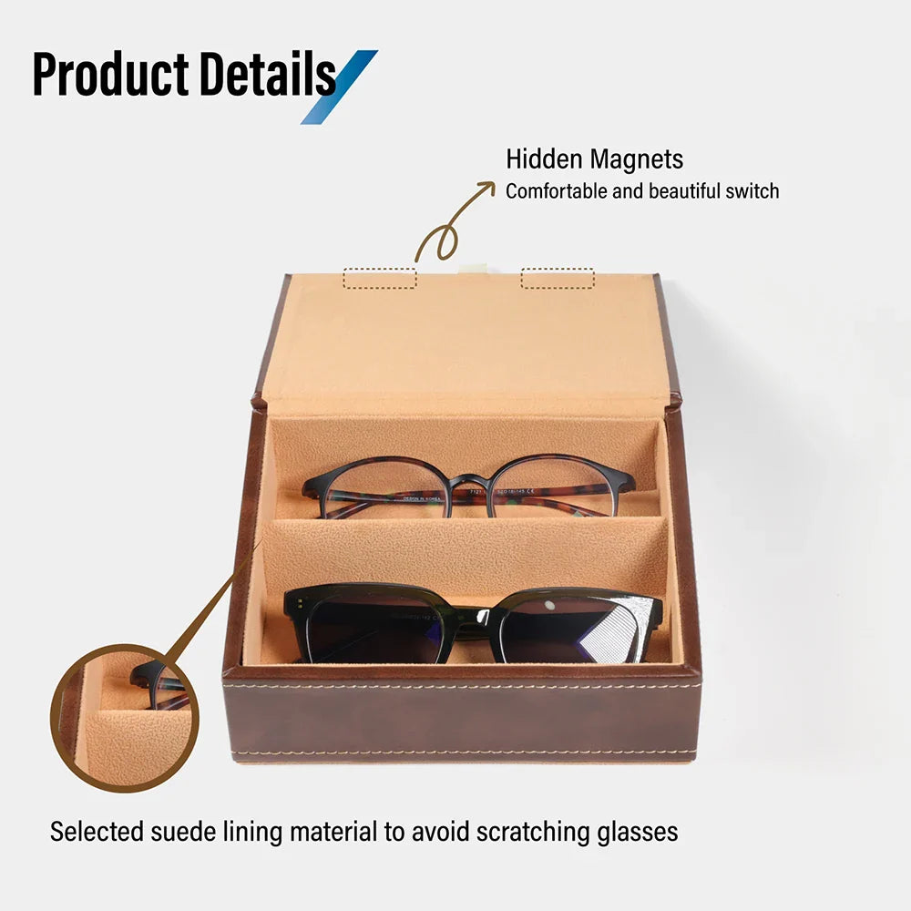 Brown PU Sunglasses & Eyeglasses Storage Case – Optical Frame Display Box with 2 or 4 Slots