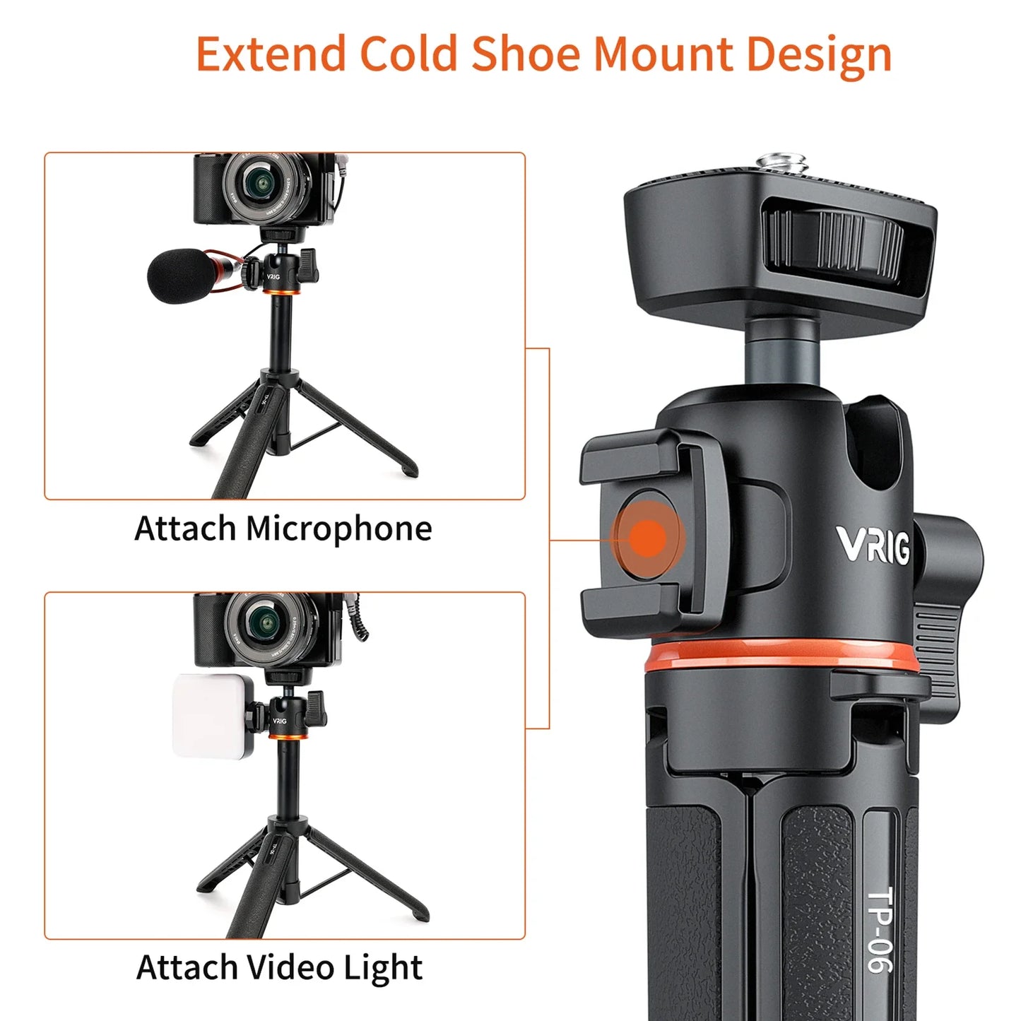 VRIG TP-08 TP-06 Aluminum Alloy Tripod Selfie Stick – 360° Rotatable with Cold Shoe Mount & 1/4" Screw, 1.5kg Load Capacity