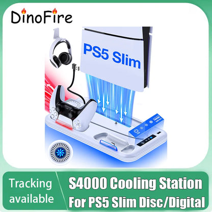 DinoFire PS5 Slim Cooling & Charging Stand – Vertical Fast Controller Charging Station for Disc & Digital PlayStation 5 Console