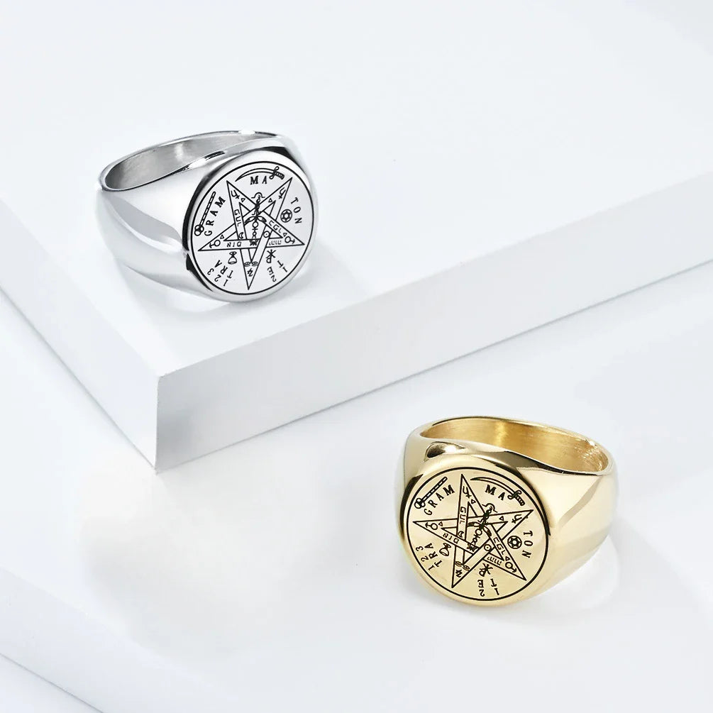 Jewish Tetragrammaton Pentagram Ring – Stainless Steel Hebrew Pentacle Amulet for Men, Witchcraft Power & Protection Jewelry