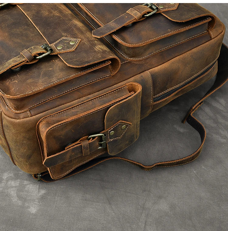 Vintage Crazy Horse Leather Backpack for Men — 17" Laptop Travel Rucksack Cowhide Hiking Bag M815