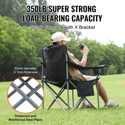 Camping Folding Chair — Portable Padded Armchair with Lumbar Support & Side Pockets for Beach, Lawn, Picnic