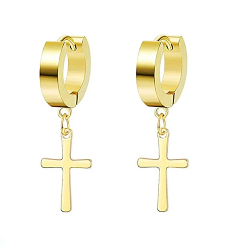 Gold Cross Huggie Hoop Earrings - Minimalist Dangle Charm Jewelry for Men & Women