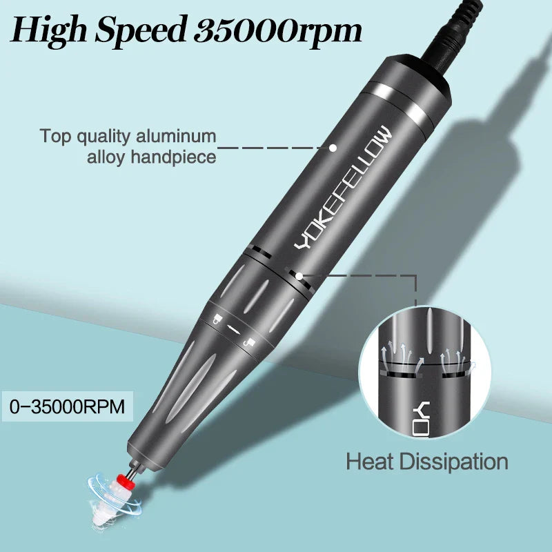 YOKEFELLOW Professional Nail Drill Kit – 35000RPM Rechargeable Electric Nail File for Manicure, Acrylic & Gel Nails