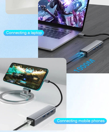 USB-C Hub Docking Station – Type C to RJ45 1000Mbps Ethernet Adapter, USB 3.0 Hub, 100W Charging Dock