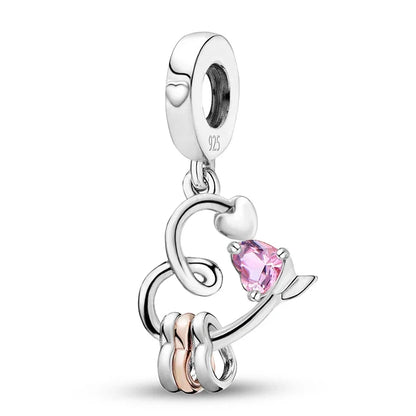 925 Sterling Silver Pink Heart Charm - Zircon Love Pendant Bead for DIY Bracelets, Bangles & Women’s Jewelry