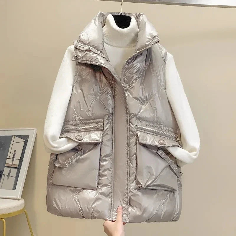 Women's Sleeveless Puffer Vest - Short Bright-Finish Winter Down Cotton Waistcoat Jacket