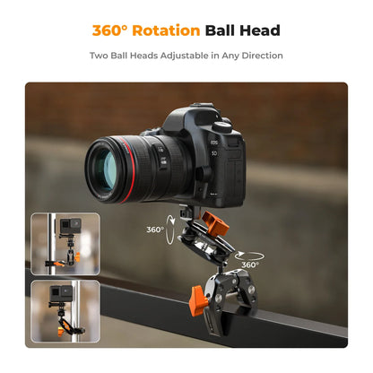K&F Concept Multi-Functional Super Clamp with Double 360° Ball Head Magic Arm for GoPro, Insta360, DJI Osmo Action Camera, and Phone