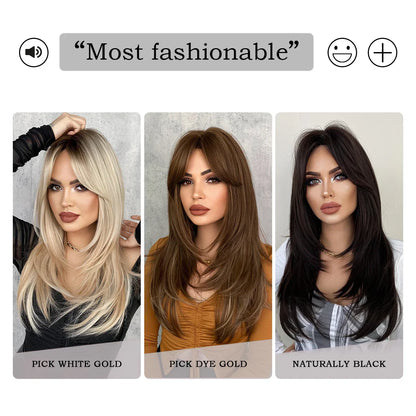 7JHH Honey Blonde Wig with Bangs - Long Brown Layered Heat Resistant Synthetic Wig for Women, Daily Use