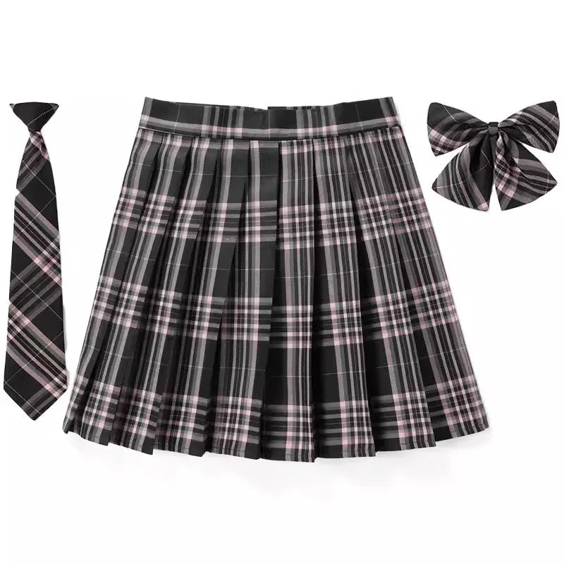 Women’s Plaid Pleated Skirt with Bowtie – XS-5XL Harajuku Preppy Mini Japanese School Uniform, Summer Kawaii Jupe