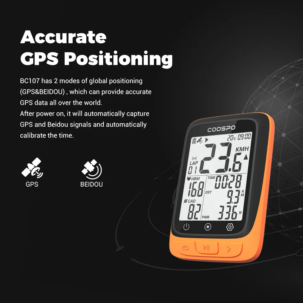 Coospo BC107 GPS Bike Computer — 2.4" Wireless Odometer & Speedometer, Bluetooth 5.0, ANT+, Waterproof
