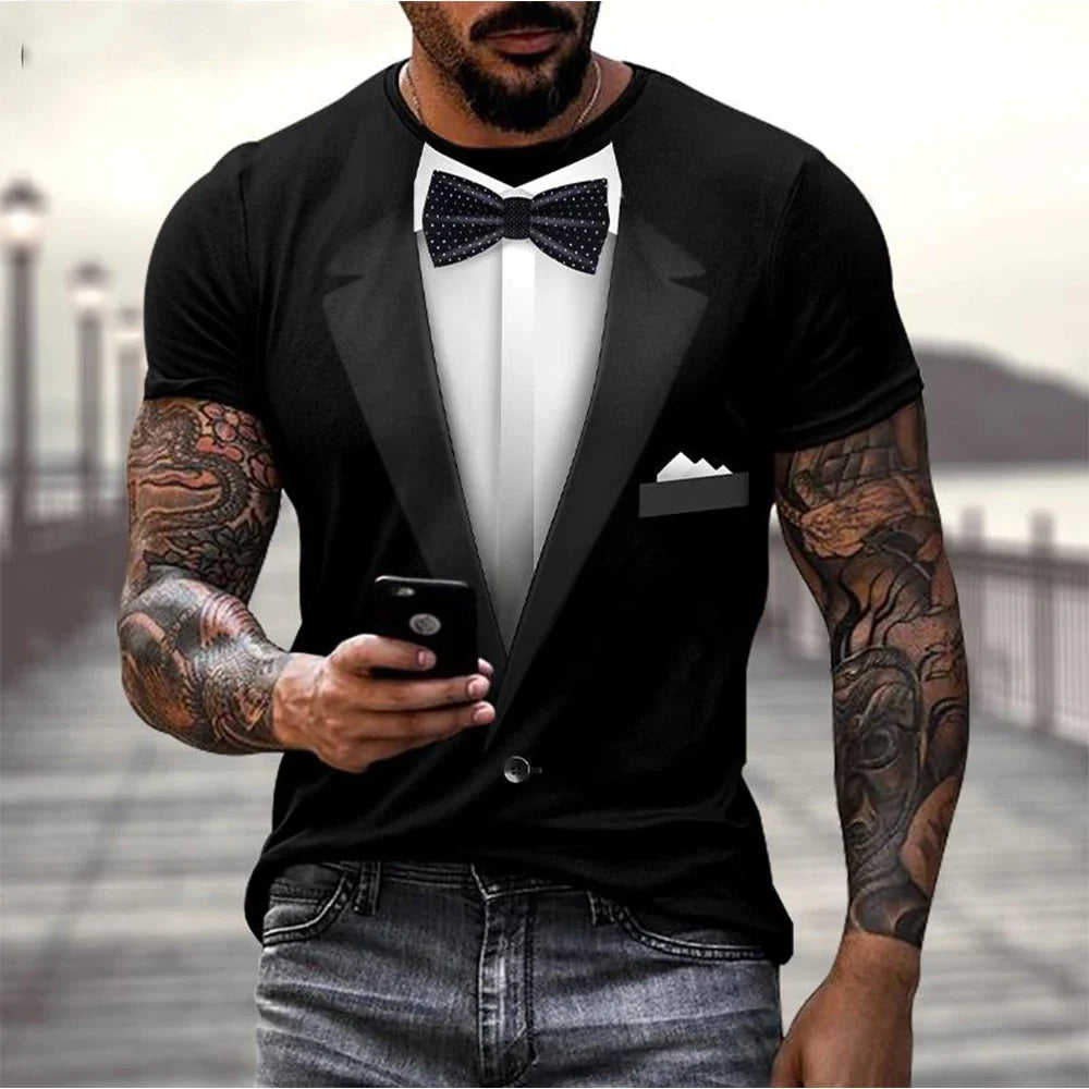 3D Fake Suit T-Shirt - Funny Tailcoat & Bow Graphic Summer Casual Tee