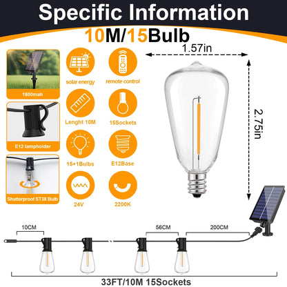 Solar Globe LED String Lights G40 — USB Rechargeable, 8 Modes Remote-Control Patio & Garden Hanging Lights, Weatherproof