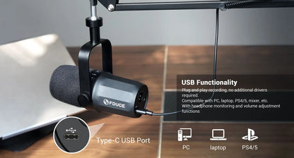 FDUCE SL40+ USB/XLR Dynamic Microphone Kit – Built-in Headset Output, Sound Insulation & Arm Stand for PC, PS5/4, Mixer
