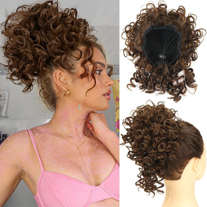 Synthetic Messy Bun Hair Piece – 60g Elastic Drawstring Curly Wave Hair Bun Extension for Women (Dark Brown)