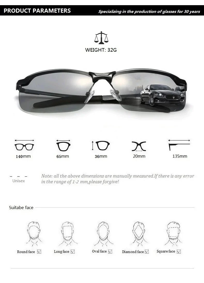 Photochromic Polarized Sunglasses for Men – Color-Changing Driving Glasses for Day & Night Vision