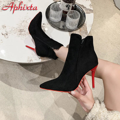 Women’s 10cm Stiletto Ankle Boots - Warm Winter Zip Heels in Black & Red Sizes 47-50