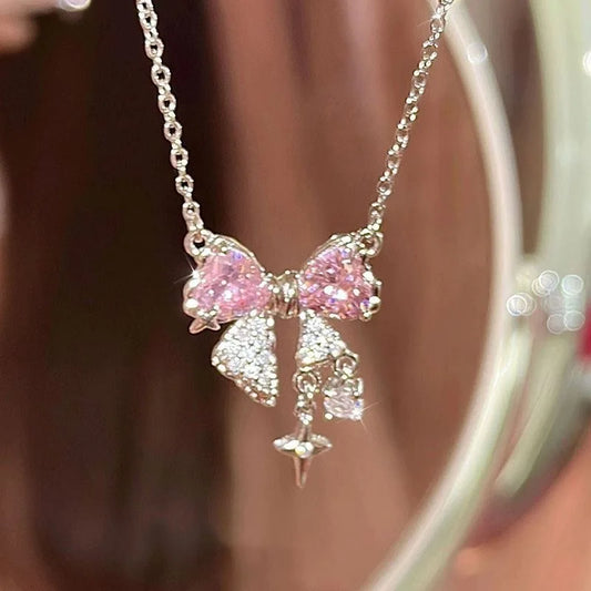 Sweet Pink Bow Necklace – Fashionable Rhinestone Star Pendant Clavicle Chain, Delicate Wedding Accessories for Women