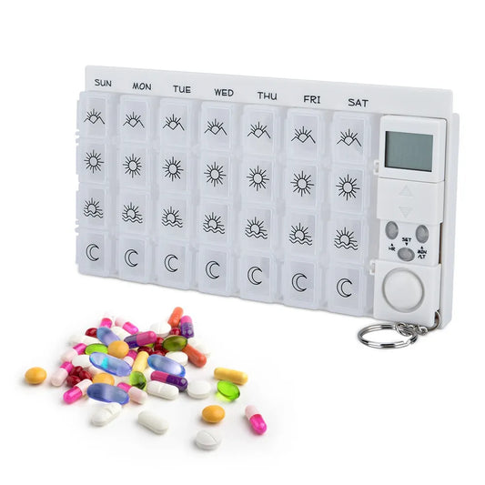 Portable 28-Grid Pill Box Organizer: Weekly 7-Day Smart Alarms Medicine Case with Reminder Timer - Plastic Holder for Pills