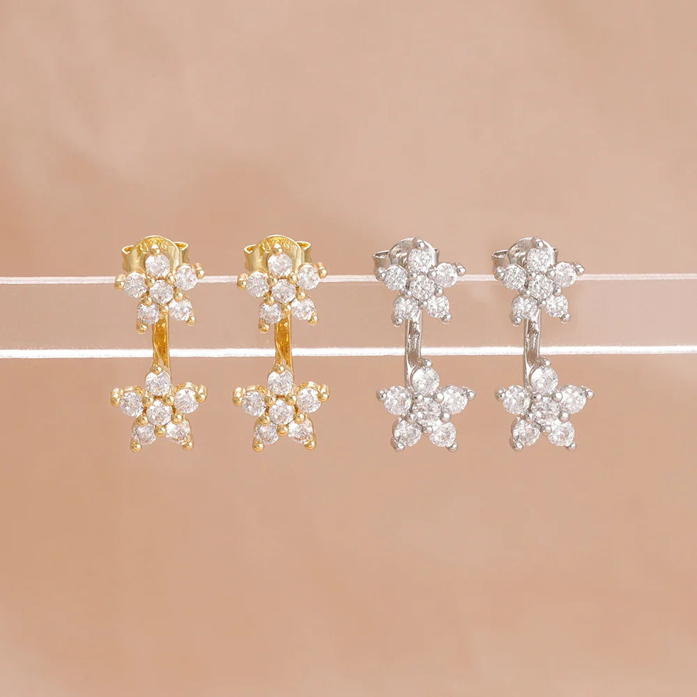 French Design Double Flower Dangle Earrings – Stainless Steel Crystal Cartilage Piercing Jewelry for Women