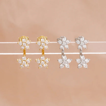 French Design Double Flower Dangle Earrings – Stainless Steel Crystal Cartilage Piercing Jewelry for Women