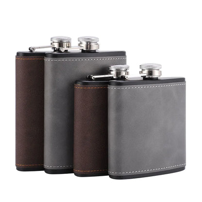 6/8oz Portable Hip Flask – Brown Leather Covered Stainless Steel Flask for Whiskey & Alcohol, Men's Gift