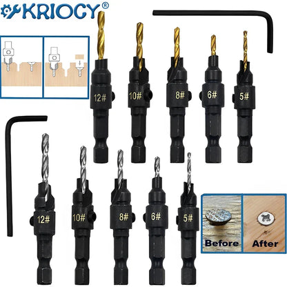 5pcs Countersink Drill Bit Set – Woodworking Pilot Hole Drills for Screw Sizes #5, #6, #8, #10, #12