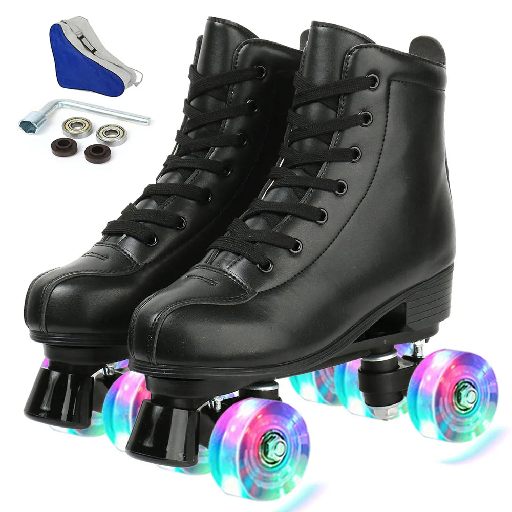 PU Leather Roller Skates – Inline & Quad Skating Shoes, Flashing 4-Wheel Sneakers, Europe Size, Training & Fun