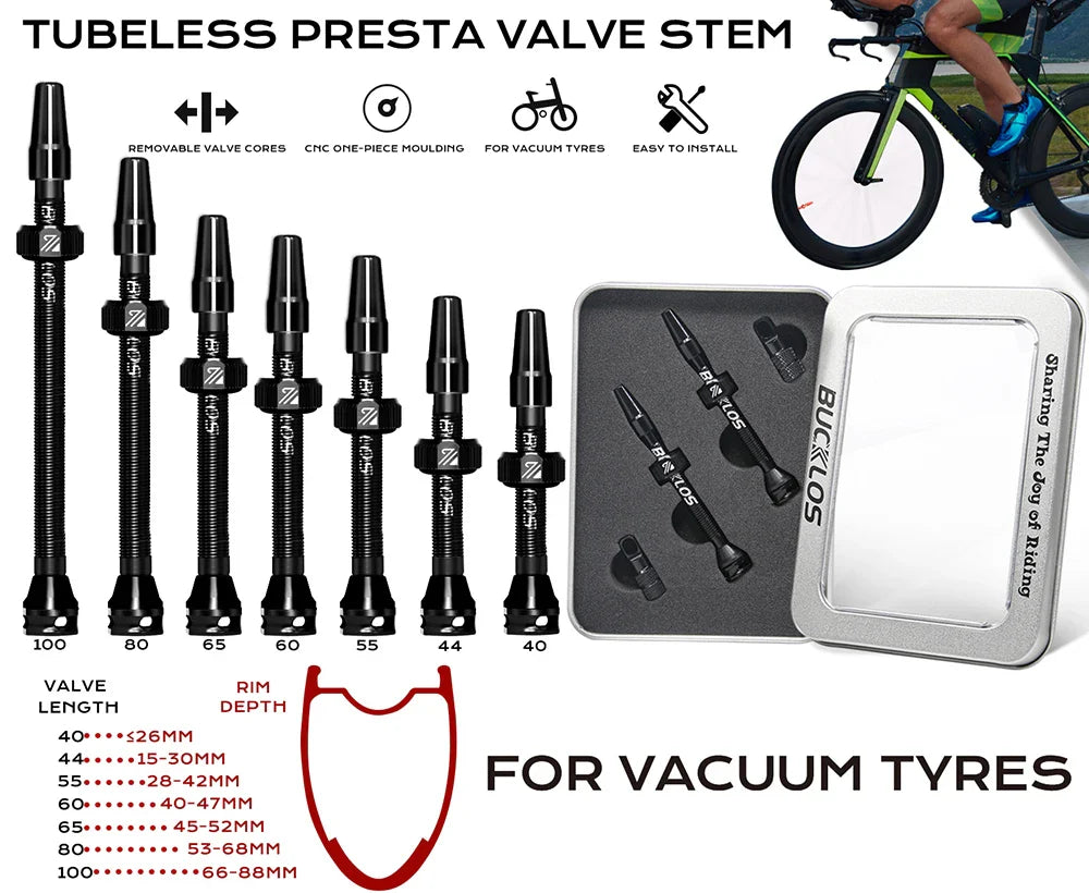 BUCKLOS Presta Tubeless Valve Stem 40/44/55/60mm — High-Quality Bike Tire Nipple for Road & MTB